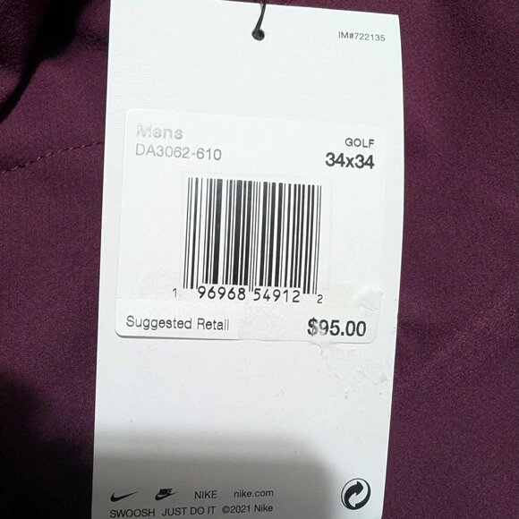 $95 Nike Dri-Fit Vapor Slim Fit Golf Pants Maroon Mens 30x32 34x34 Slim Fit
